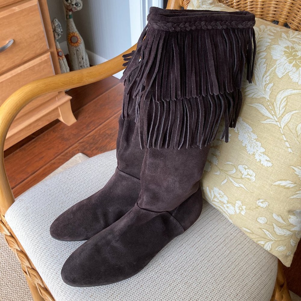 Giani Bini Dark Brown Suede Leather  Fringed Wedge Mid Calf Boot 8.5M